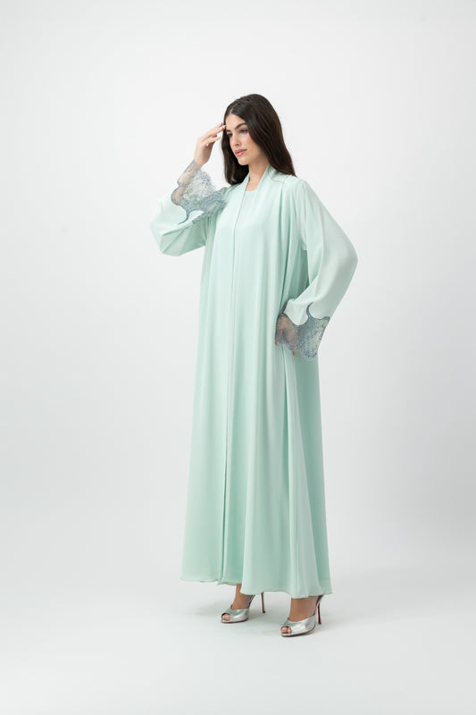 Crepe French Lace Cuff abaya in Bleached Aqua by GREI