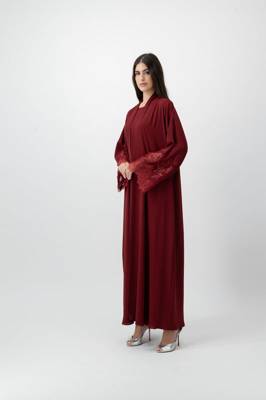 Crepe Lace Cuff abaya in Red Dahlia by GREI
