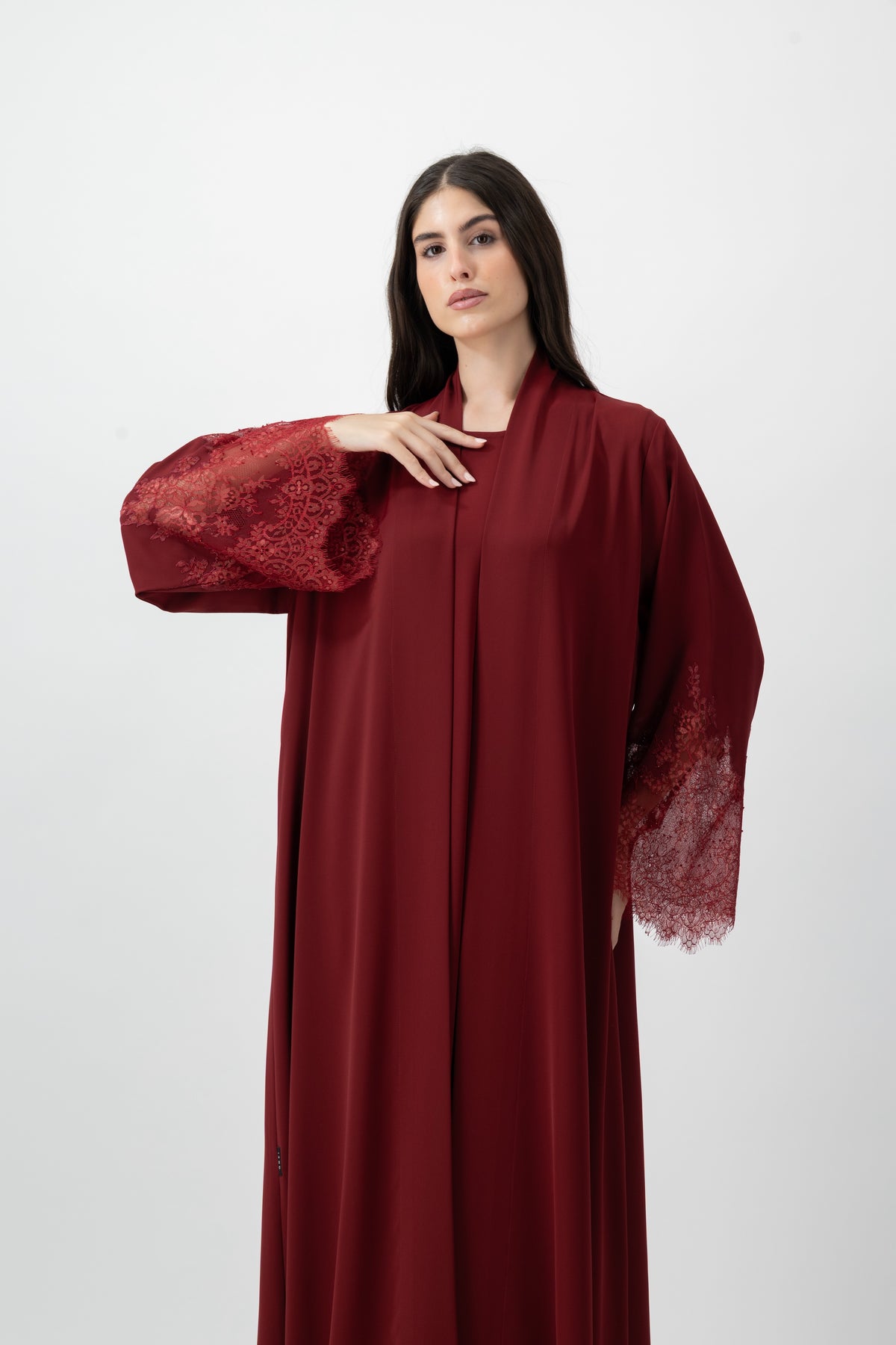 Crepe Lace Cuff abaya in Red Dahlia by GREI