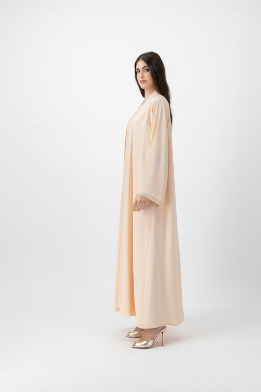 Crepe Crochet Trim abaya in Peach Dust by GREI