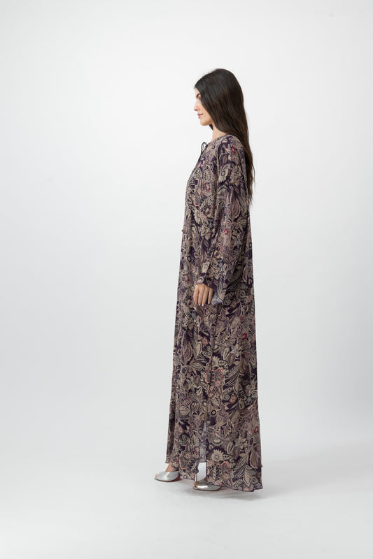 Silk Crystal Kaftan in Plum Garden print by GREI