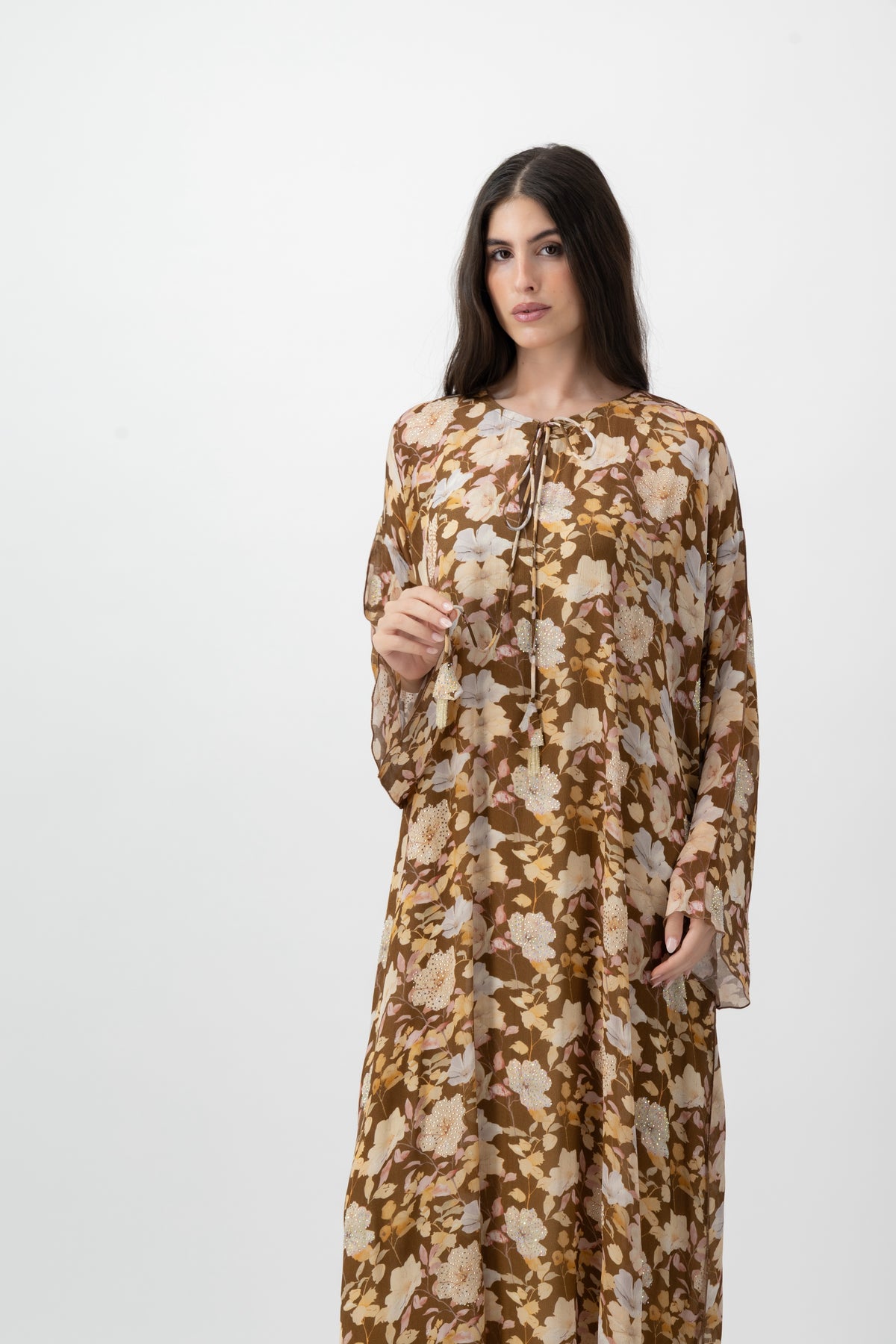 Silk Crystal Kaftan in Cocoa Blossom print by GREI