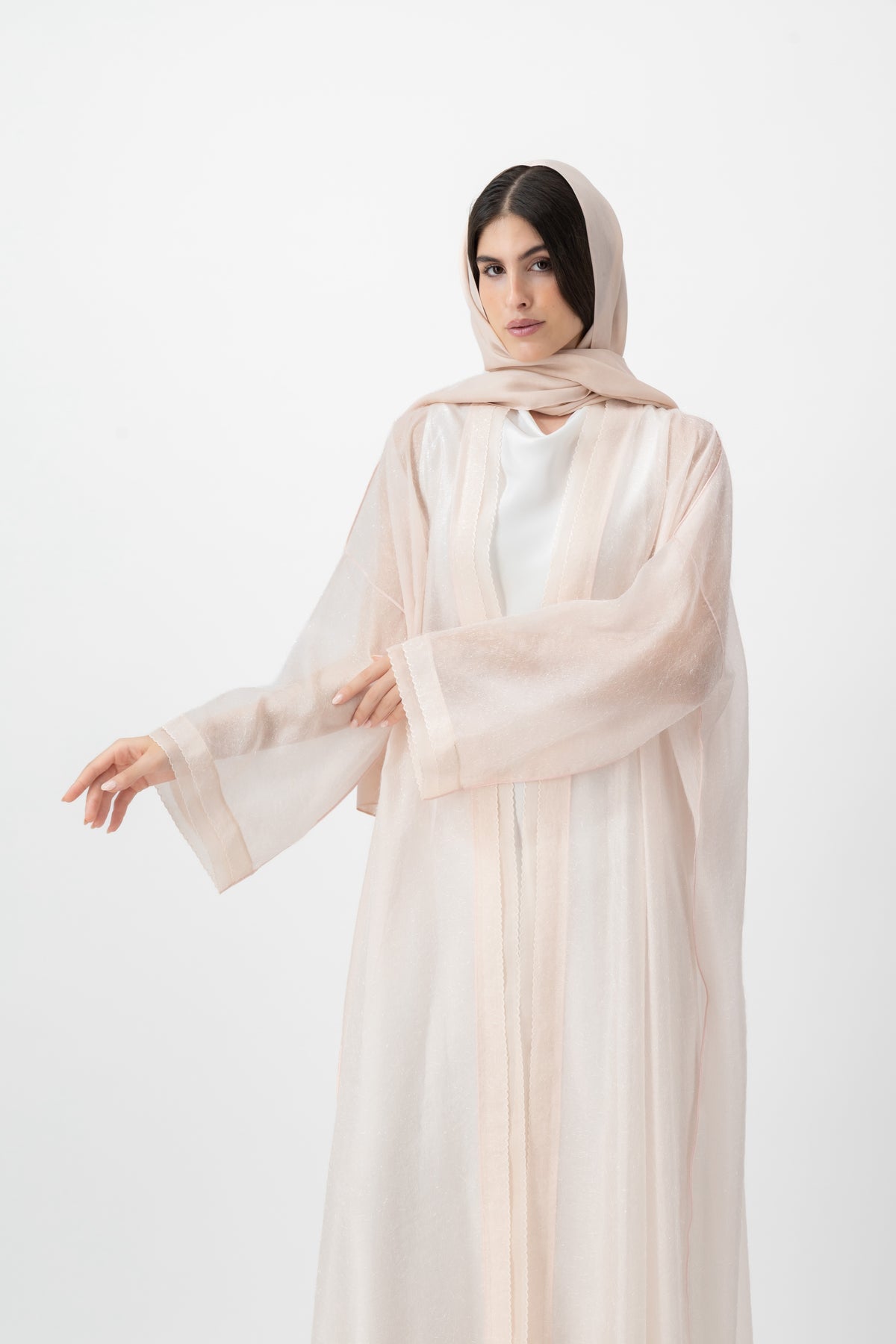 Feather Organza Crochet bisht abaya in Pearl Blush by GREI