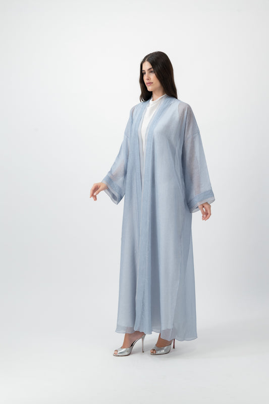 Feather Organza Crochet bisht abaya in Cashmere Blue by GREI