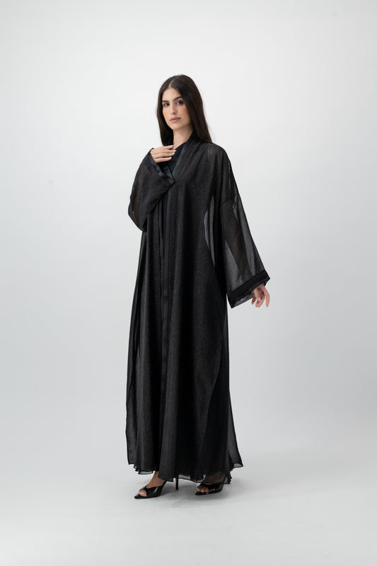 Feather Organza Crochet bisht abaya in Black by GREI
