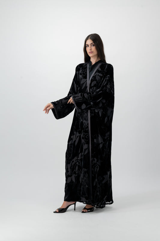 Bloom velvet bisht abaya in Black by GREI