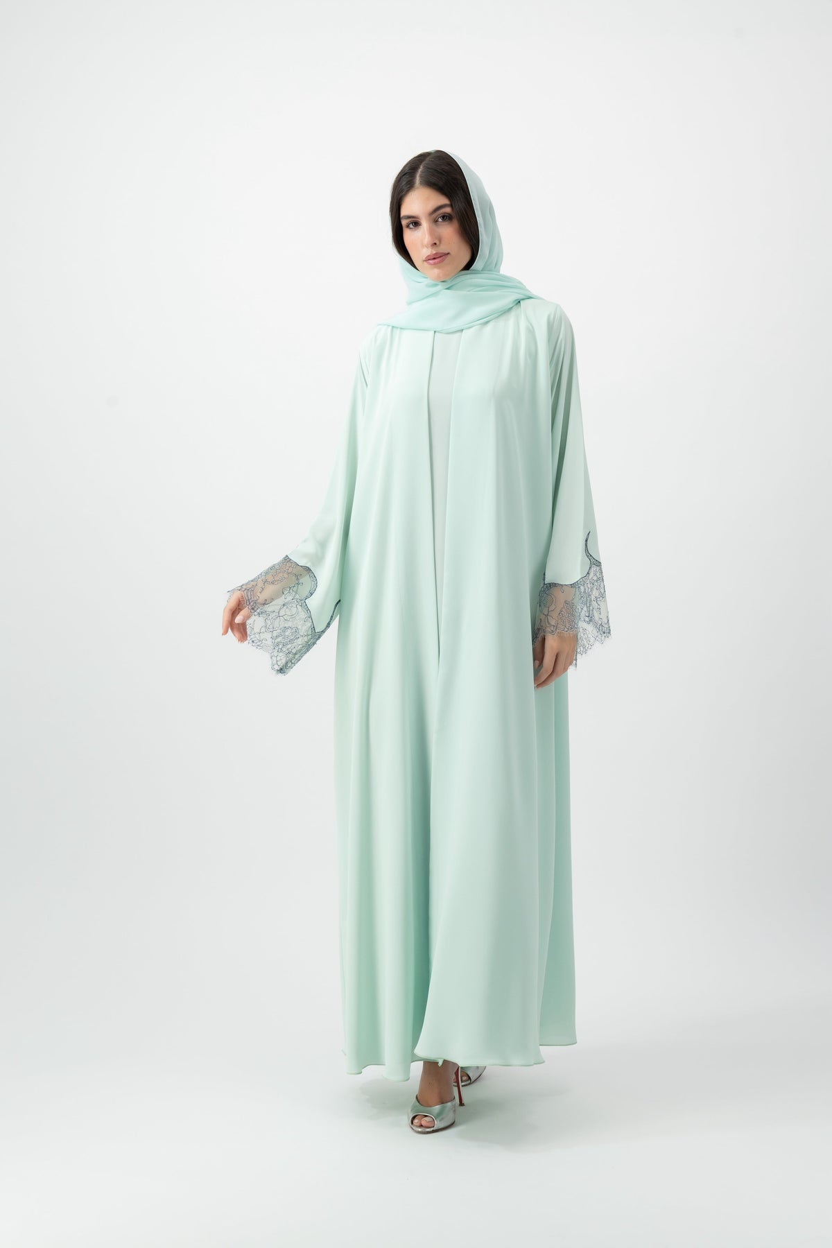 Crepe French Lace Cuff abaya in Bleached Aqua by GREI