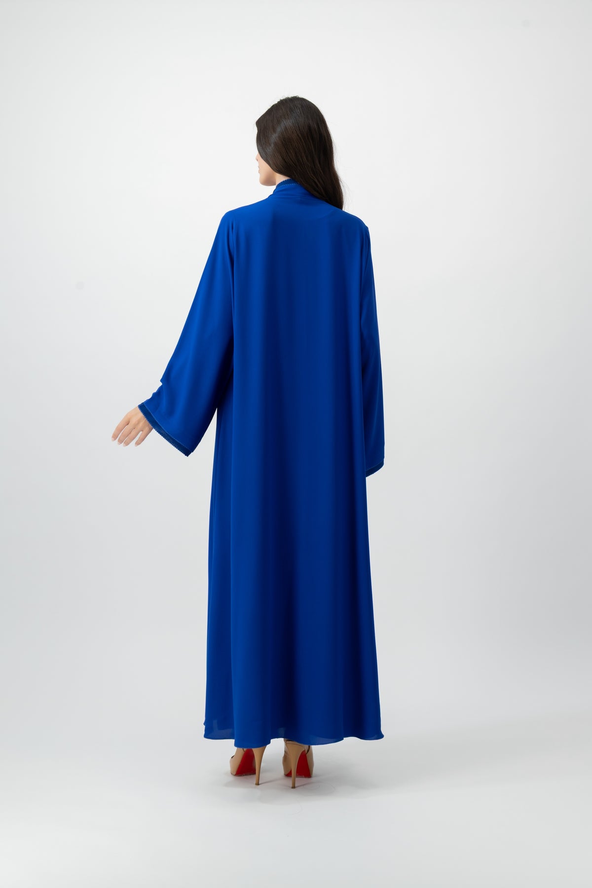 Crepe Crochet Trim abaya in Magnetic Blue by GREI