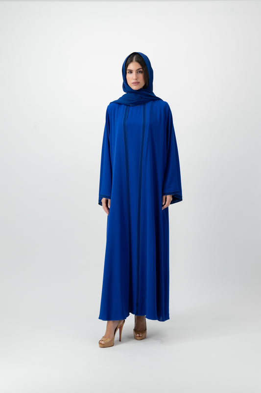 Crepe Crochet Trim abaya in Magnetic Blue by GREI