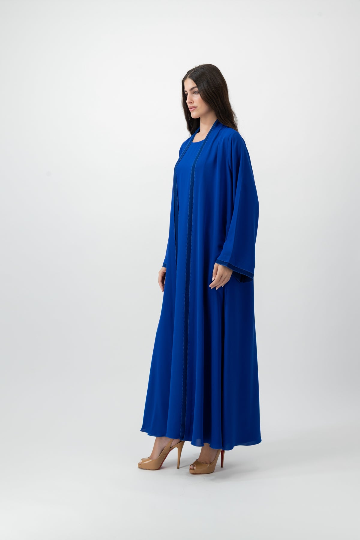 Crepe Crochet Trim abaya in Magnetic Blue by GREI