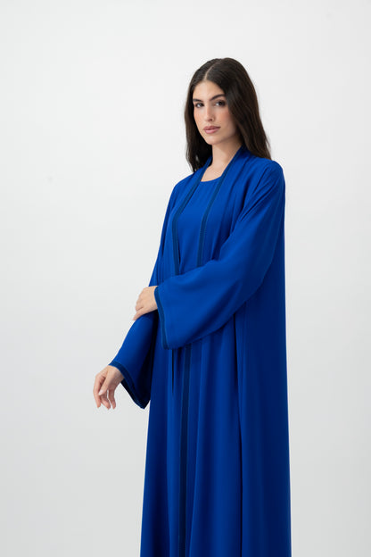 Crepe Crochet Trim abaya in Magnetic Blue by GREI
