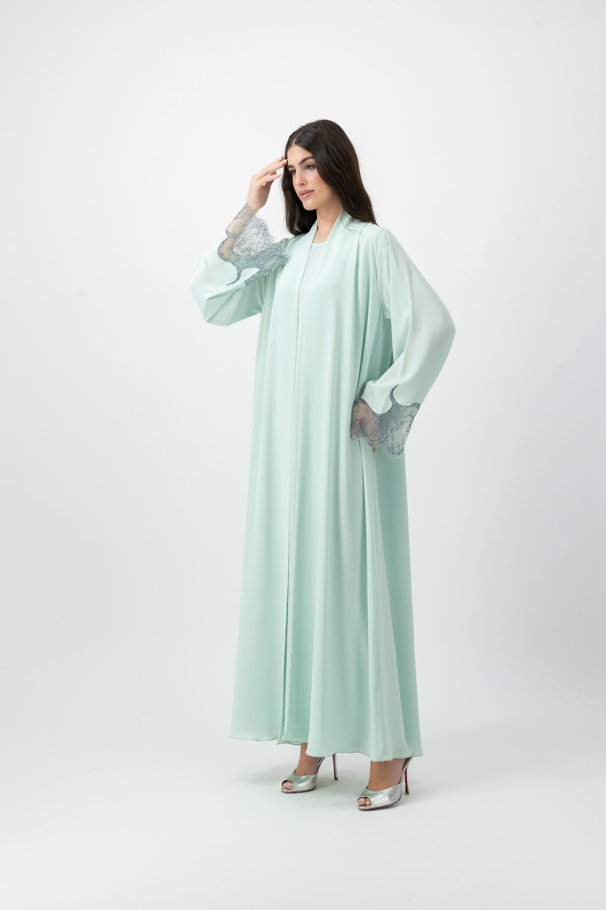 Crepe French Lace Cuff abaya in Bleached Aqua by GREI