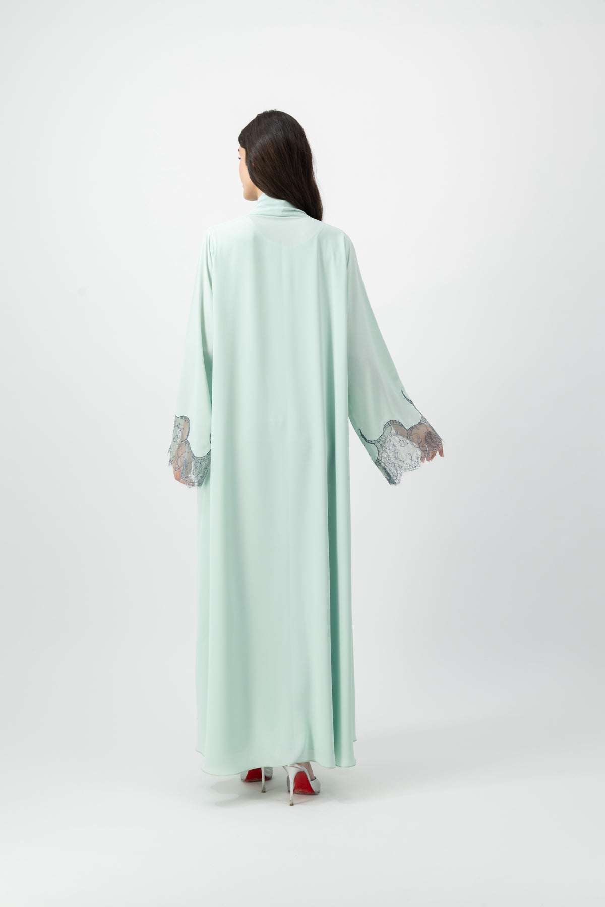 Crepe French Lace Cuff abaya in Bleached Aqua by GREI