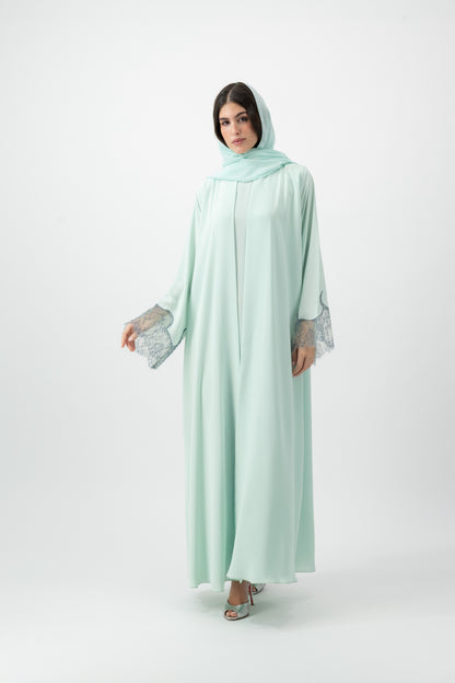 Crepe French Lace Cuff abaya in Bleached Aqua by GREI