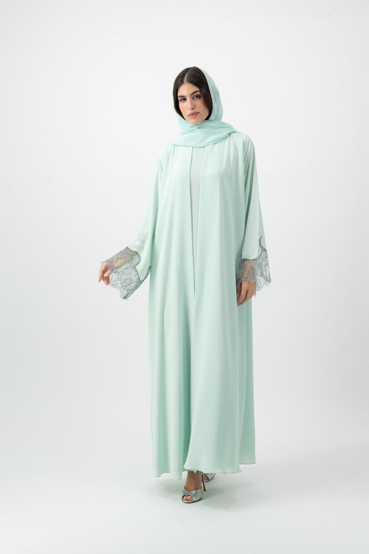 Crepe French Lace Cuff abaya in Bleached Aqua by GREI