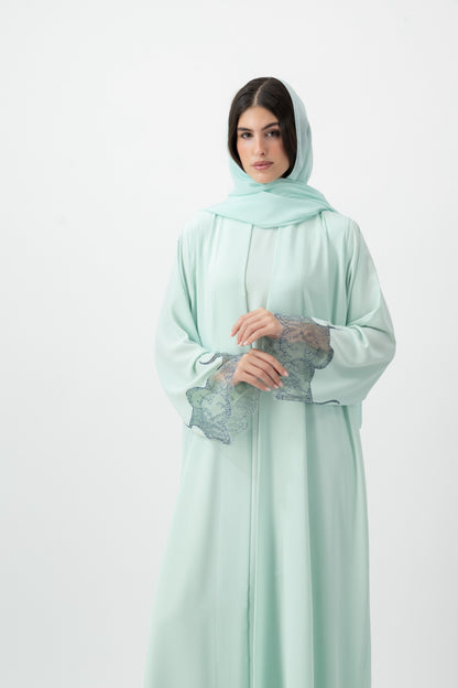 Crepe French Lace Cuff abaya in Bleached Aqua by GREI