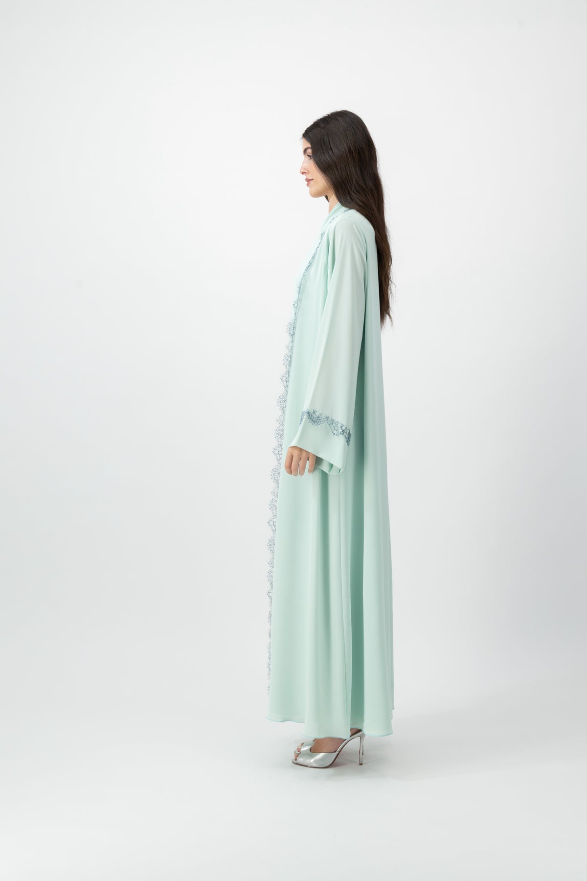 Crepe French Lace Trim abaya in Bleached Aqua by GREI