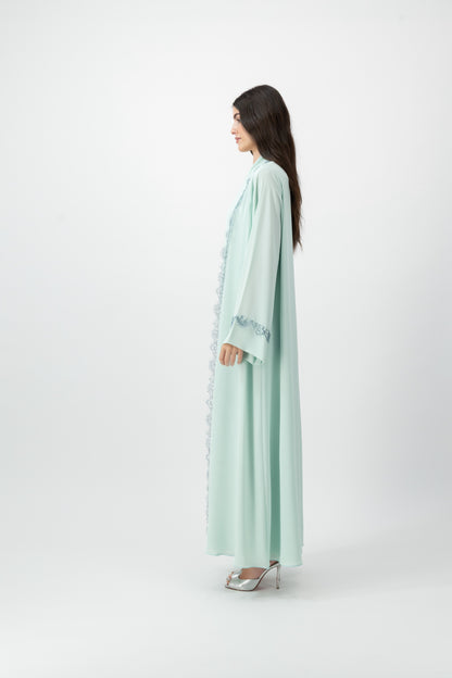 Crepe French Lace Trim abaya in Bleached Aqua by GREI