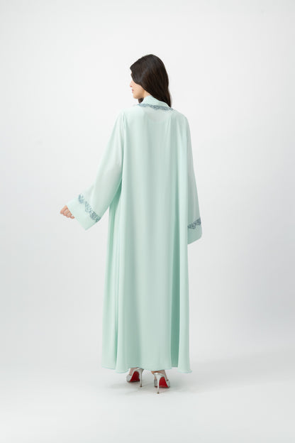 Crepe French Lace Trim abaya in Bleached Aqua by GREI