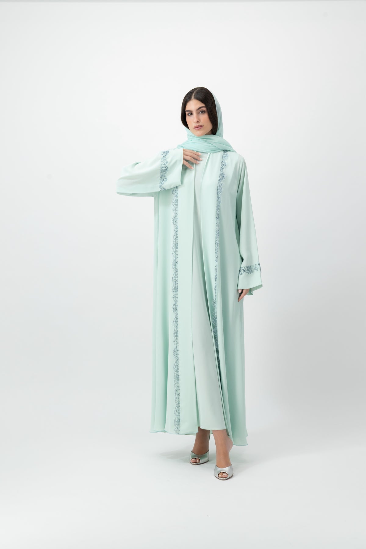 Crepe French Lace Trim abaya in Bleached Aqua by GREI