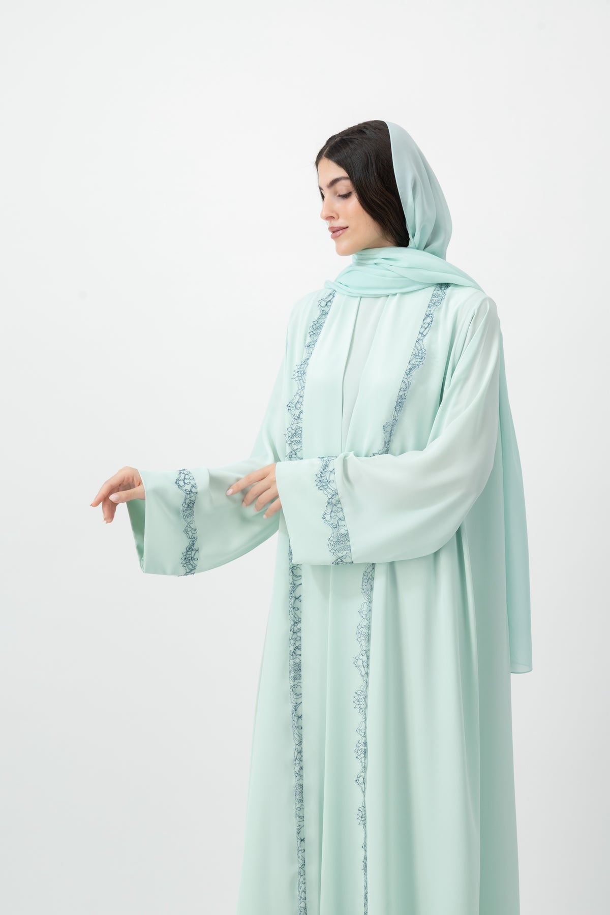 Crepe French Lace Trim abaya in Bleached Aqua by GREI