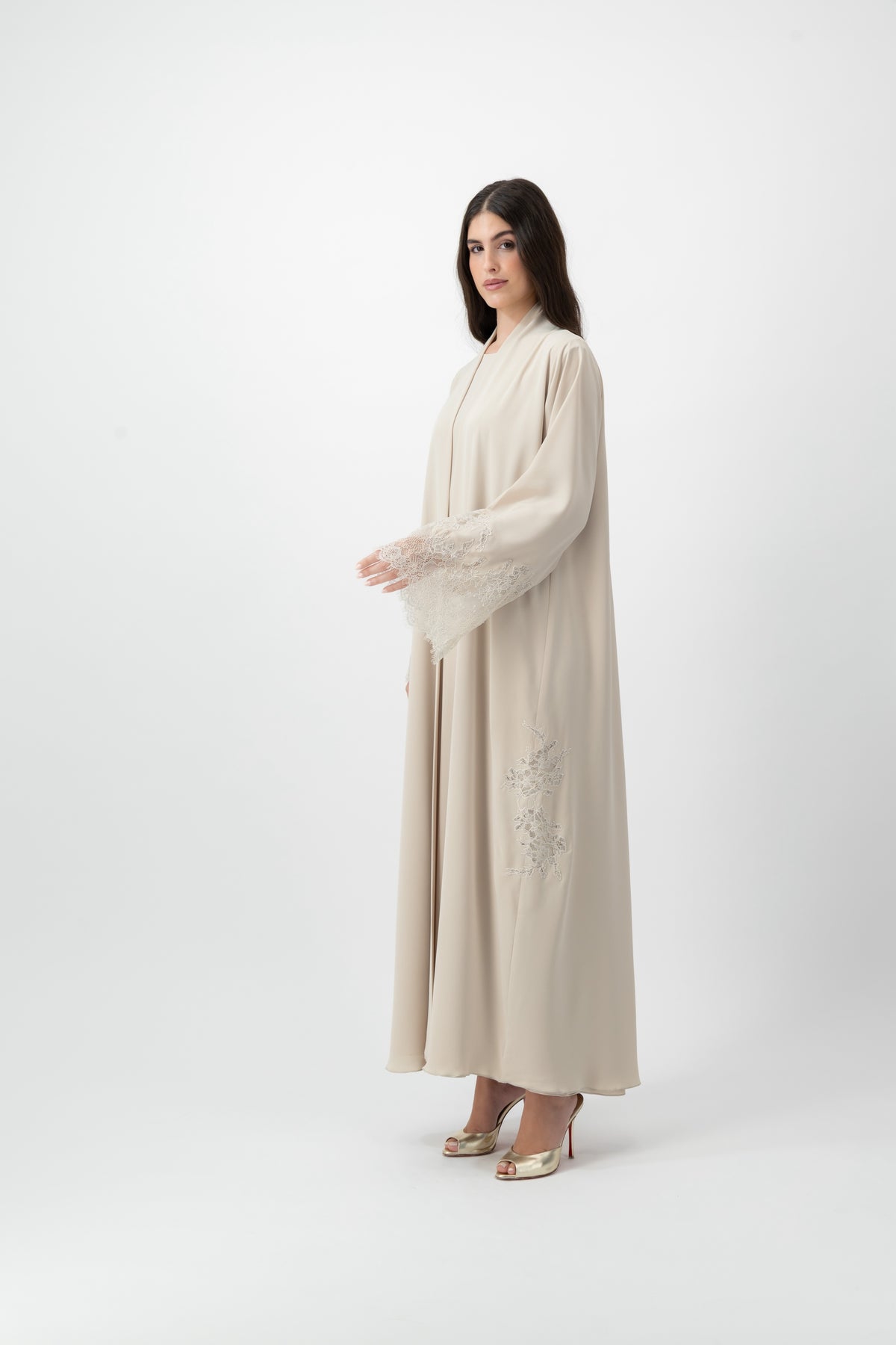 Crepe Lace Applique abaya in Birch by GREI