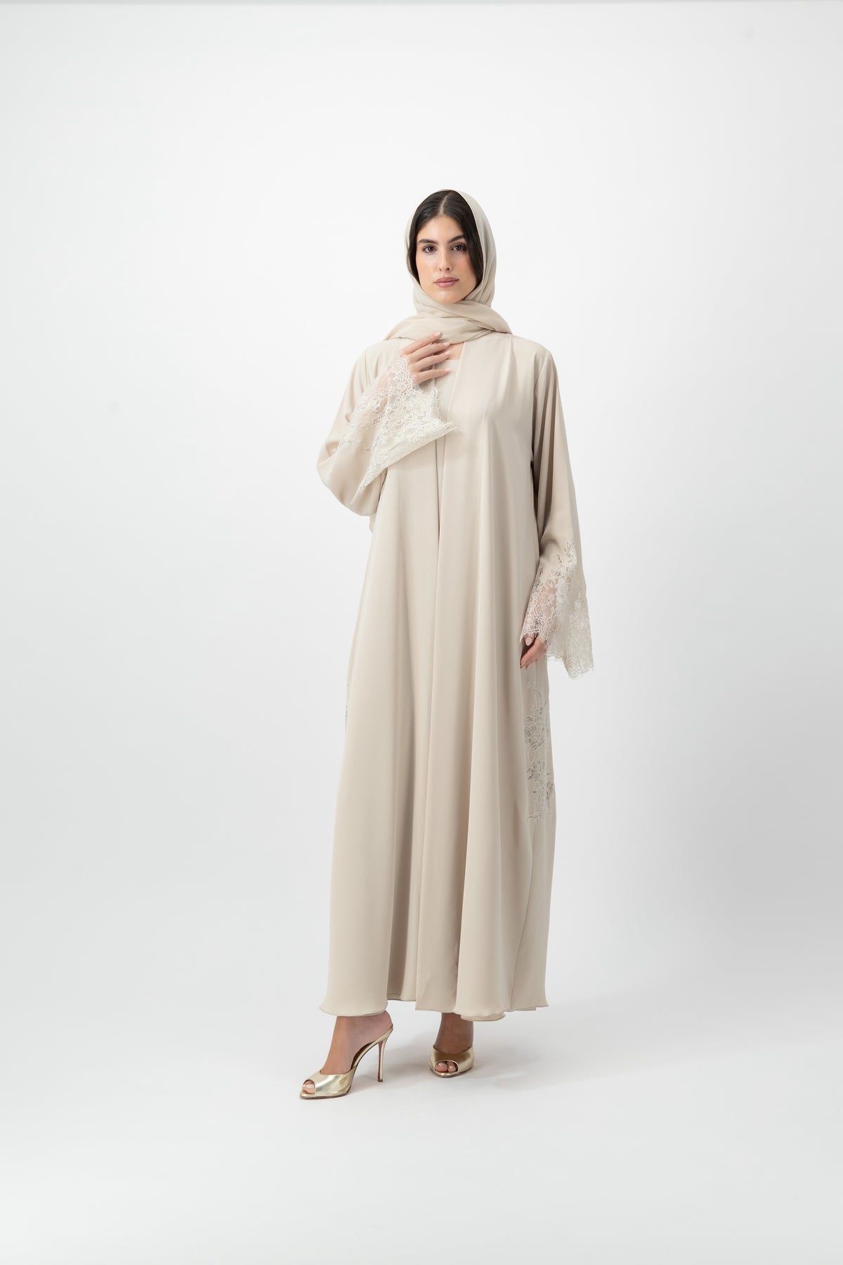 Crepe Lace Applique abaya in Birch by GREI