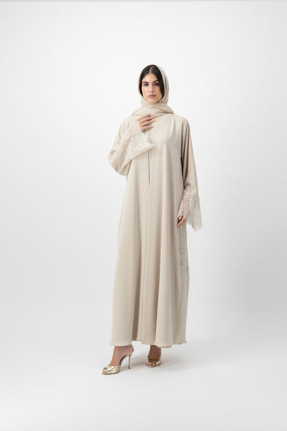 Crepe Lace Applique abaya in Birch by GREI