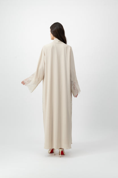 Crepe Lace Applique abaya in Birch by GREI