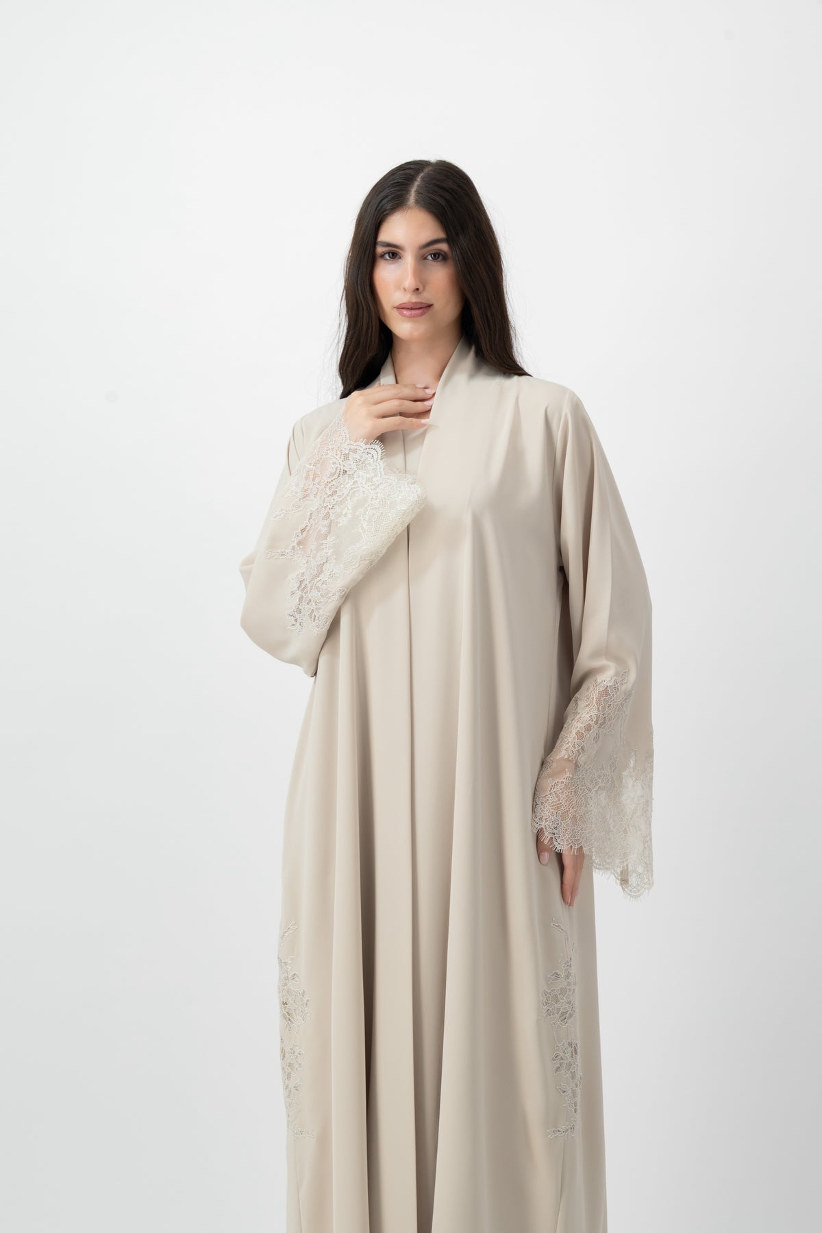 Crepe Lace Applique abaya in Birch by GREI