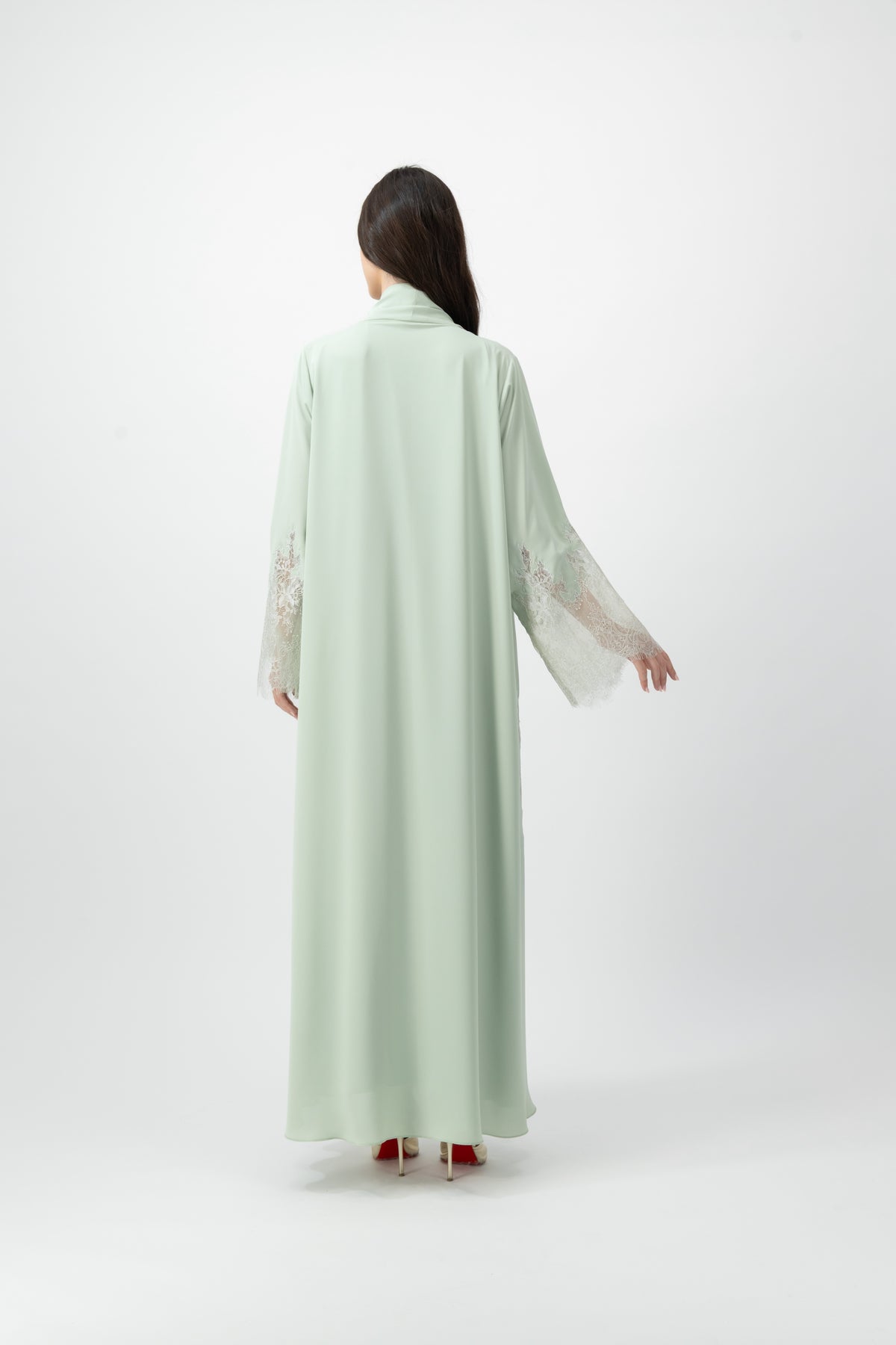 Crepe Lace Applique abaya in Celadon by GREI