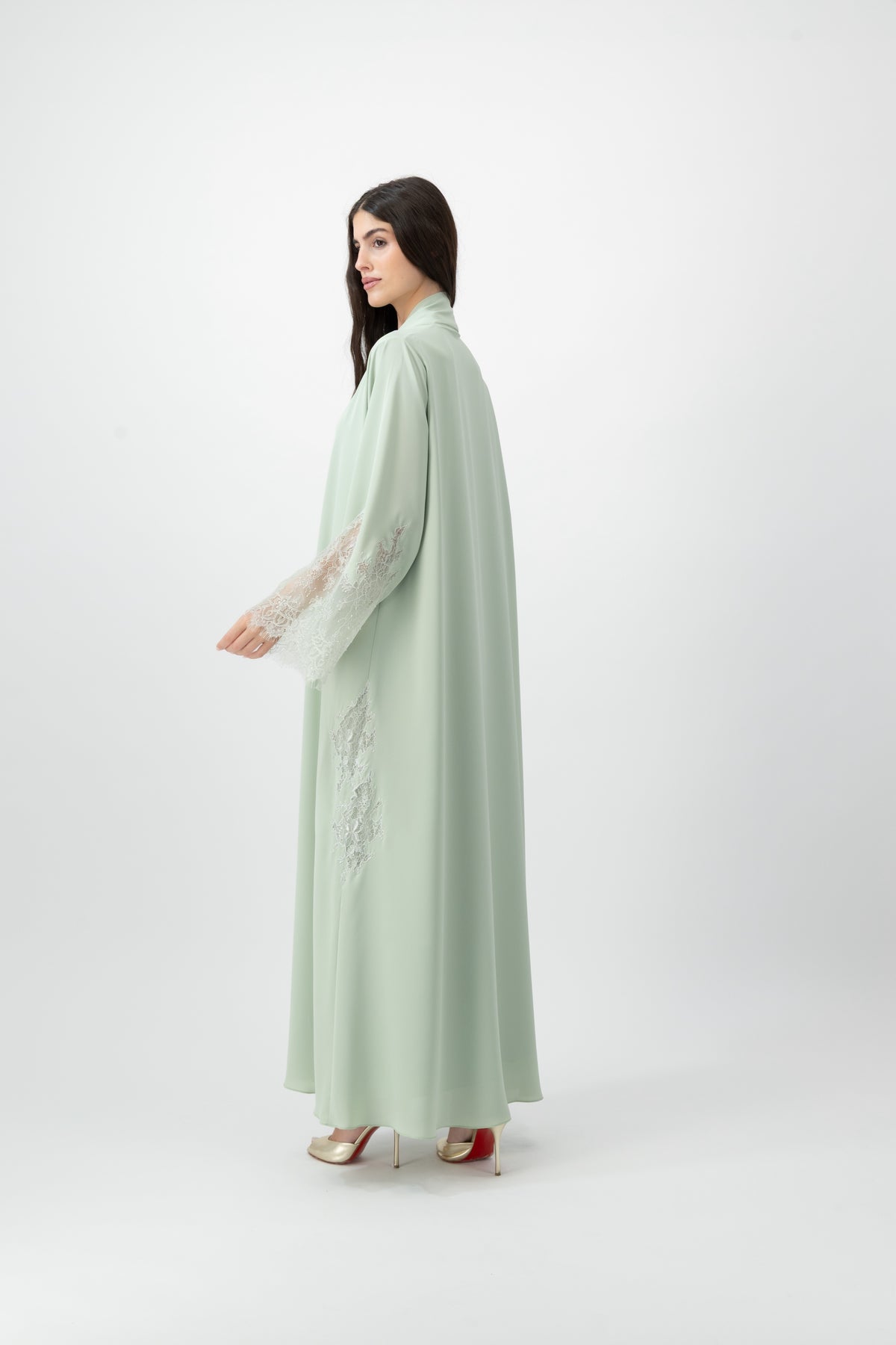 Crepe Lace Applique abaya in Celadon by GREI