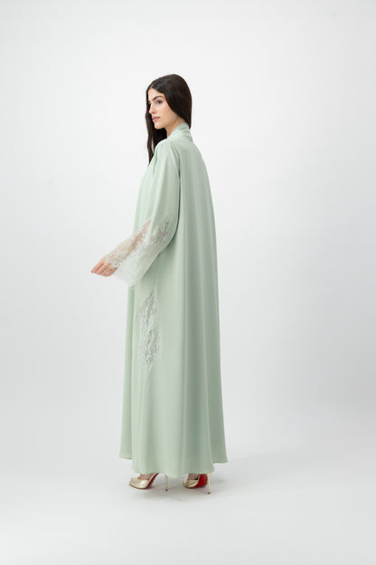 Crepe Lace Applique abaya in Celadon by GREI