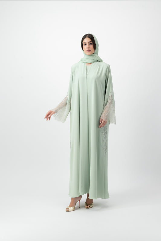 Crepe Lace Applique abaya in Celadon by GREI