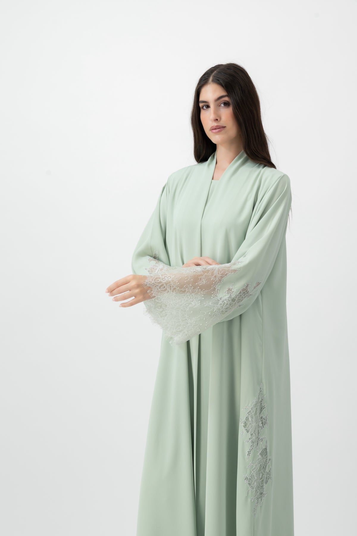 Crepe Lace Applique abaya in Celadon by GREI
