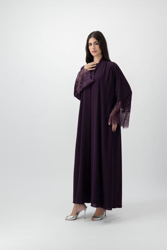 Crepe Lace Cuff abaya in Dark Purple by GREI
