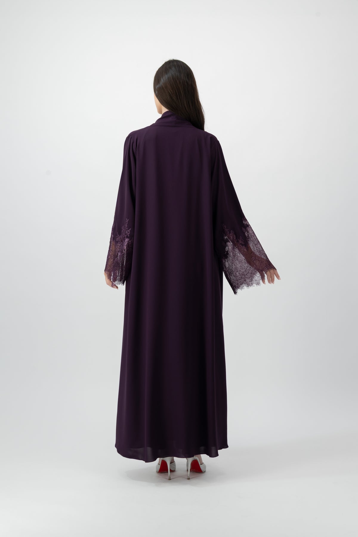 Crepe Lace Cuff abaya in Dark Purple by GREI