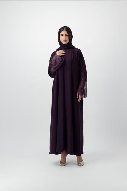 Crepe Lace Cuff abaya in Dark Purple by GREI
