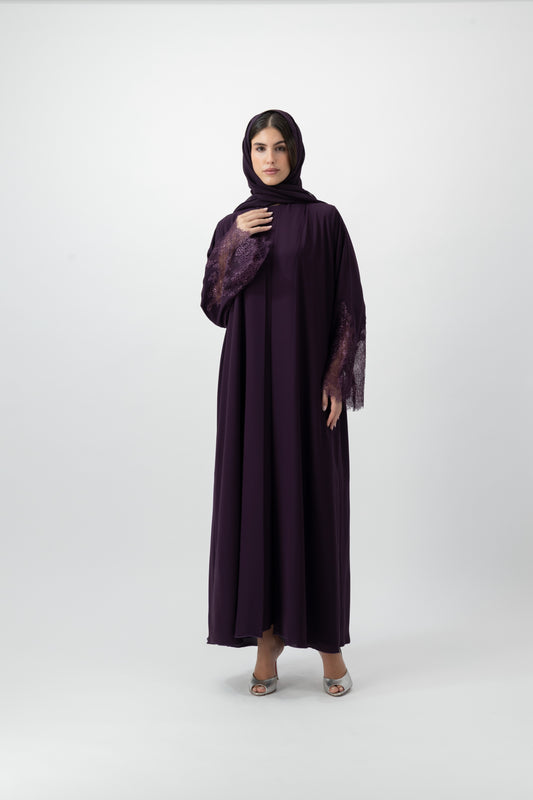 Crepe Lace Cuff abaya in Dark Purple by GREI