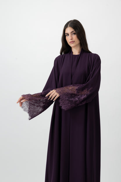 Crepe Lace Cuff abaya in Dark Purple by GREI