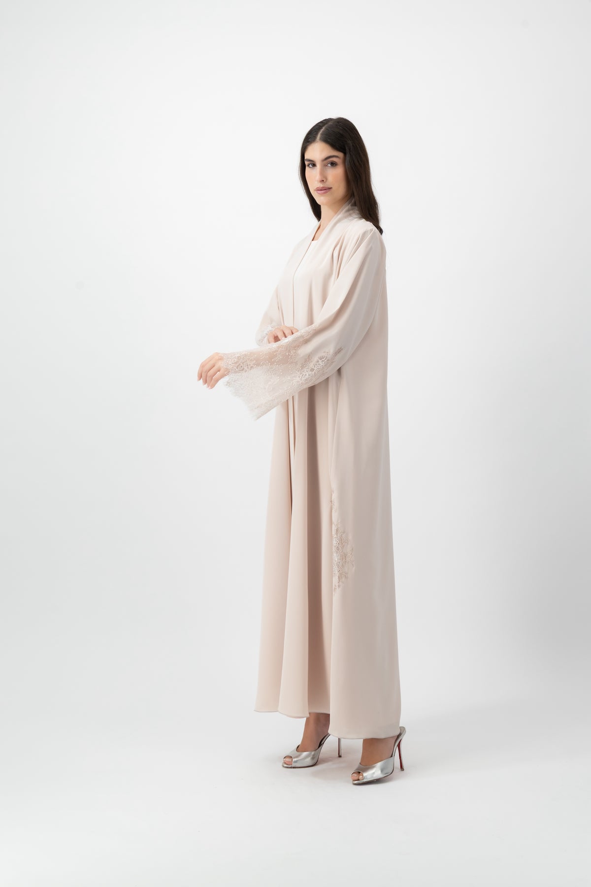 Crepe Lace Applique abaya in Silver Peony by GREI