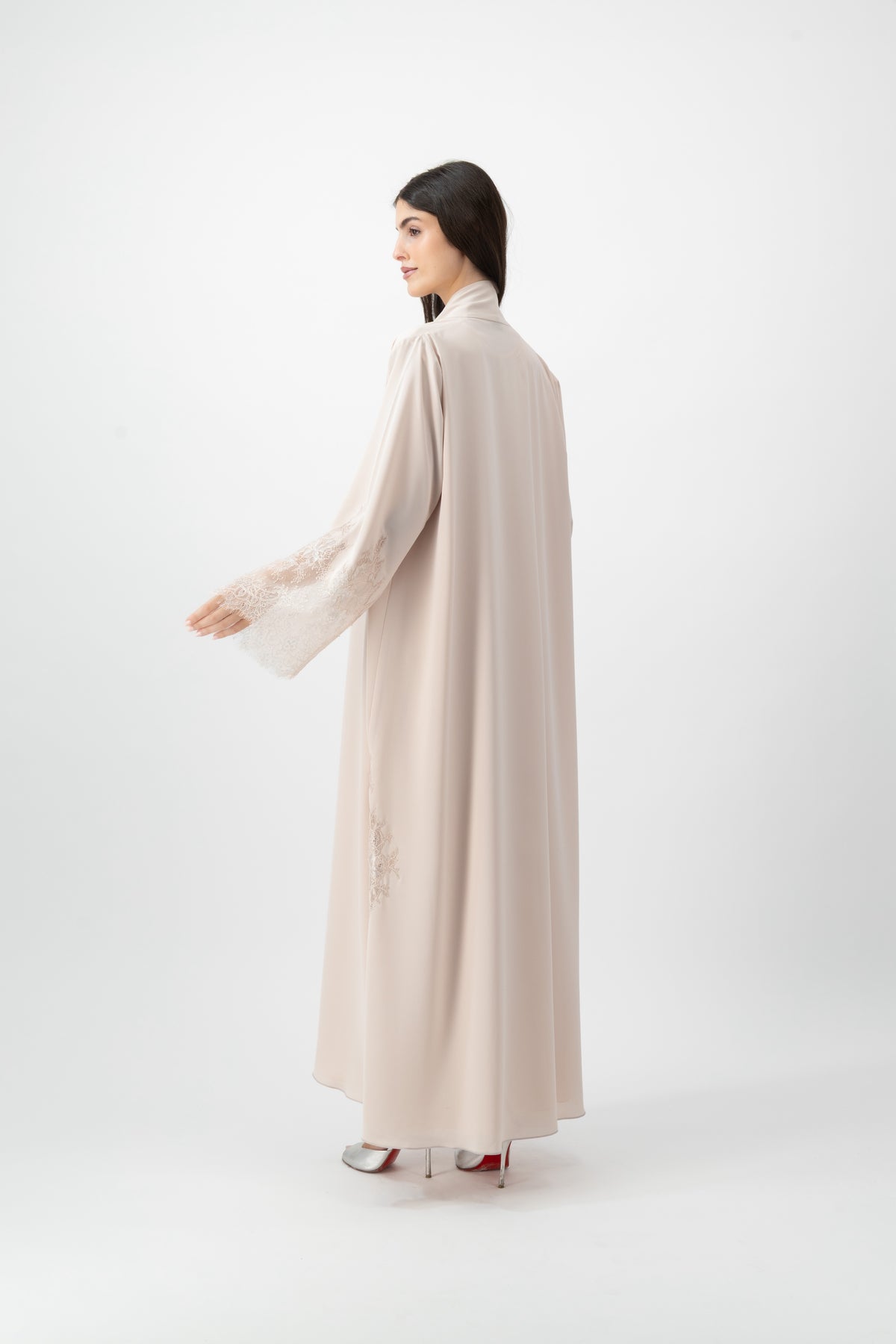Crepe Lace Applique abaya in Silver Peony by GREI