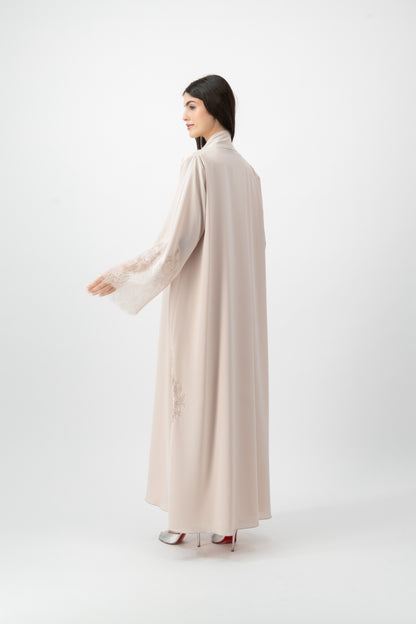 Crepe Lace Applique abaya in Silver Peony by GREI