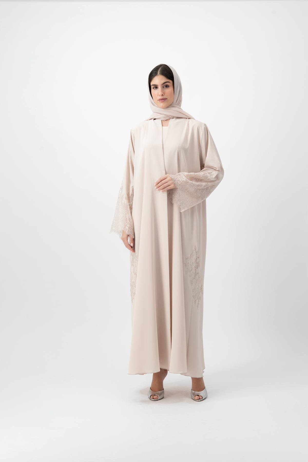 Crepe Lace Applique abaya in Silver Peony by GREI