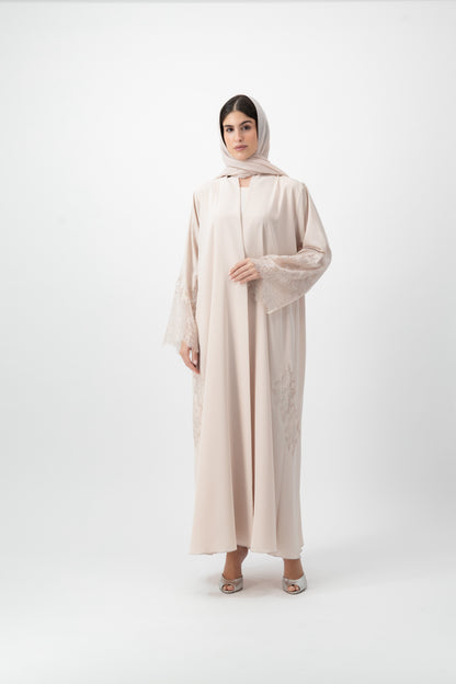 Crepe Lace Applique abaya in Silver Peony by GREI
