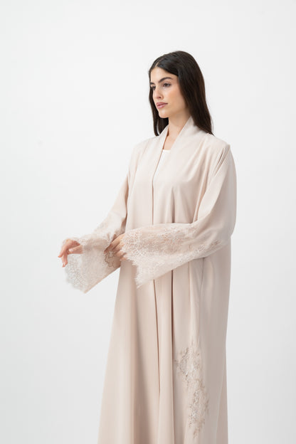Crepe Lace Applique abaya in Silver Peony by GREI
