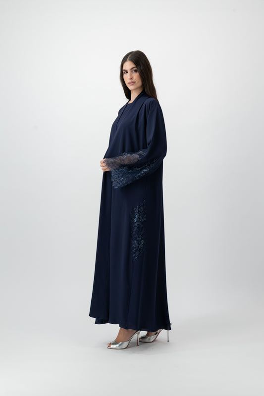Crepe Lace Applique abaya in Peacoat by GREI