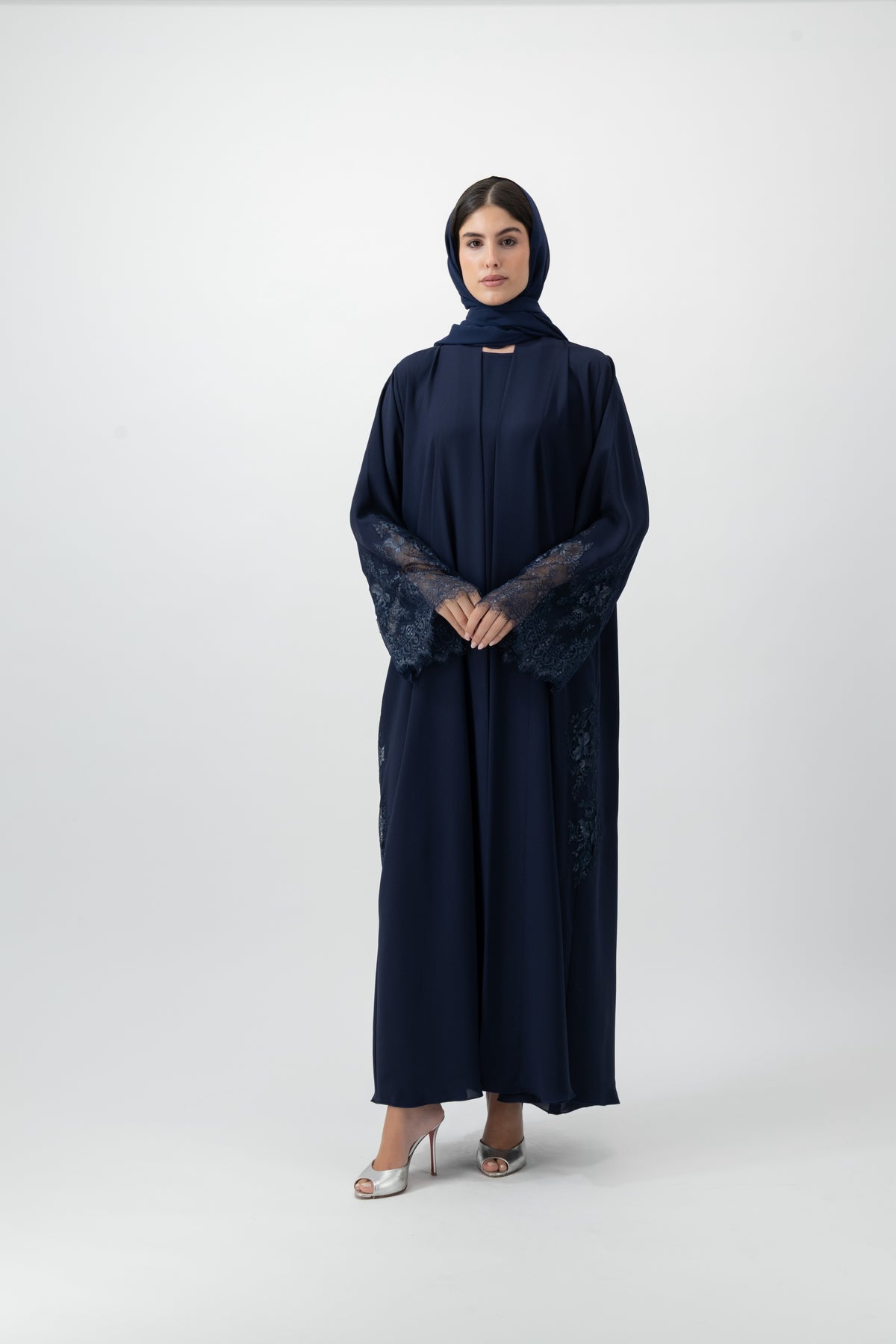 Crepe Lace Applique abaya in Peacoat by GREI
