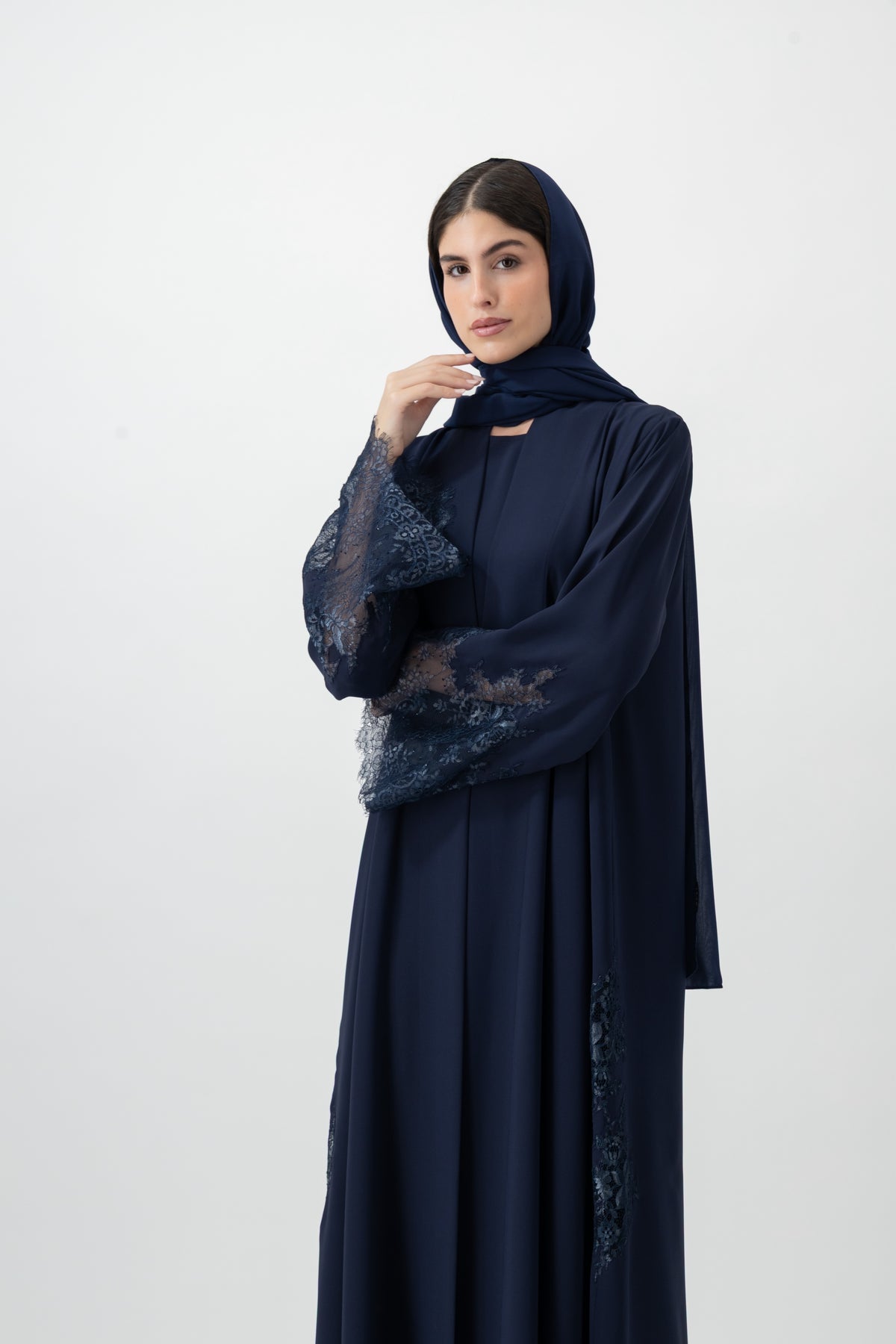 Crepe Lace Applique abaya in Peacoat by GREI