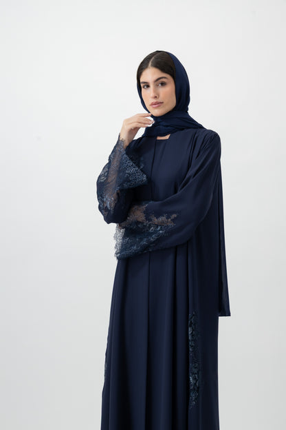 Crepe Lace Applique abaya in Peacoat by GREI